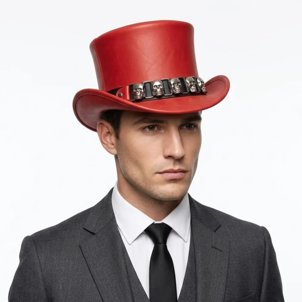 White Handmade Leather Statement Top Hat Style 183 front view - white steampunk top hat with structured crown