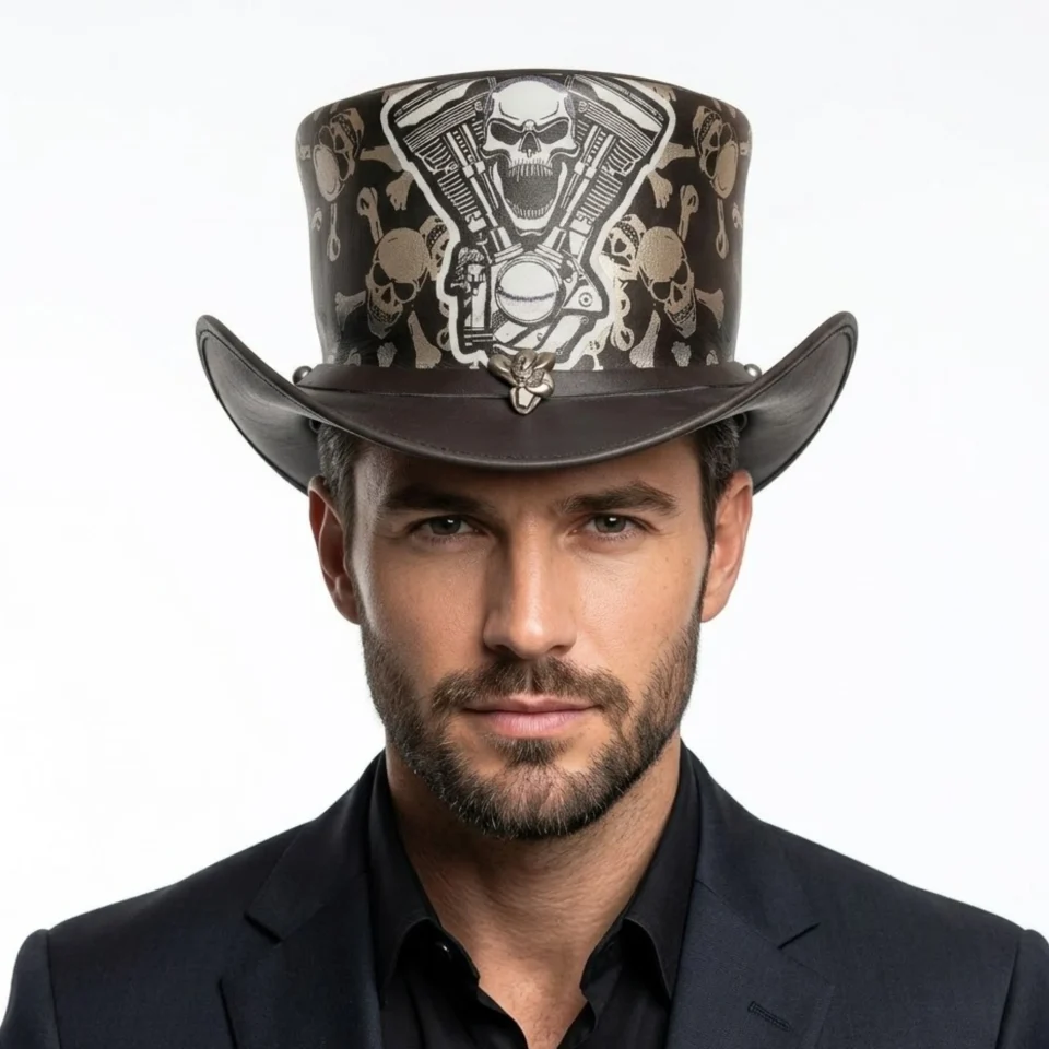 White Handmade Leather Statement Top Hat Style 186 front view - white steampunk top hat with structured crown