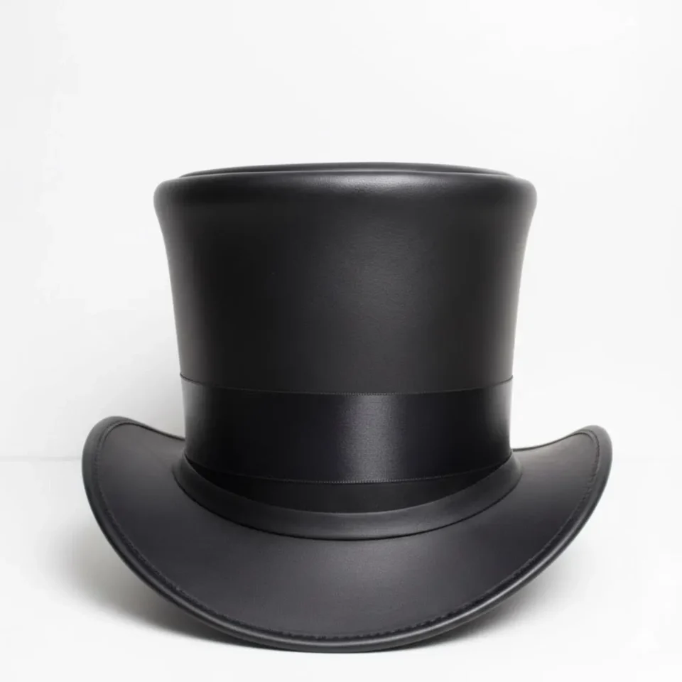 White Handmade Leather Statement Top Hat Style 189 detail view - white steampunk top hat with structured crown