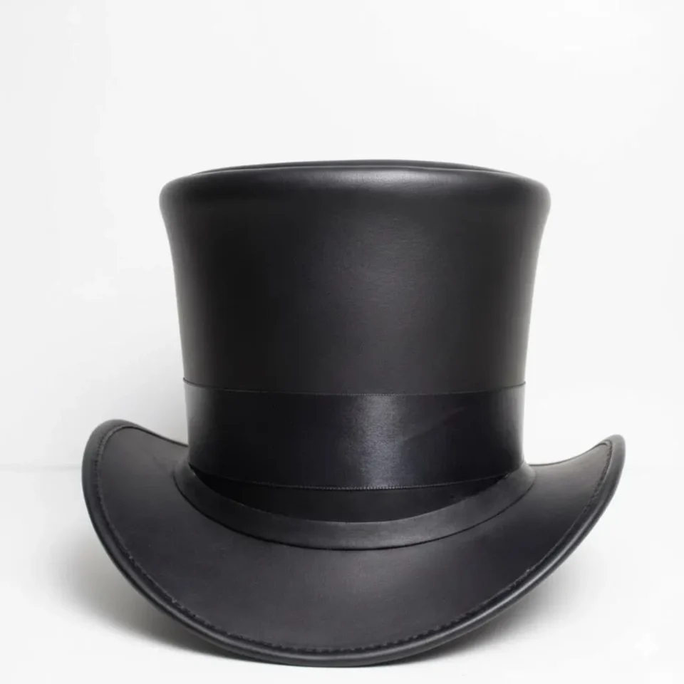 White Handmade Leather Statement Top Hat Style 189 side view - white steampunk top hat with structured crown