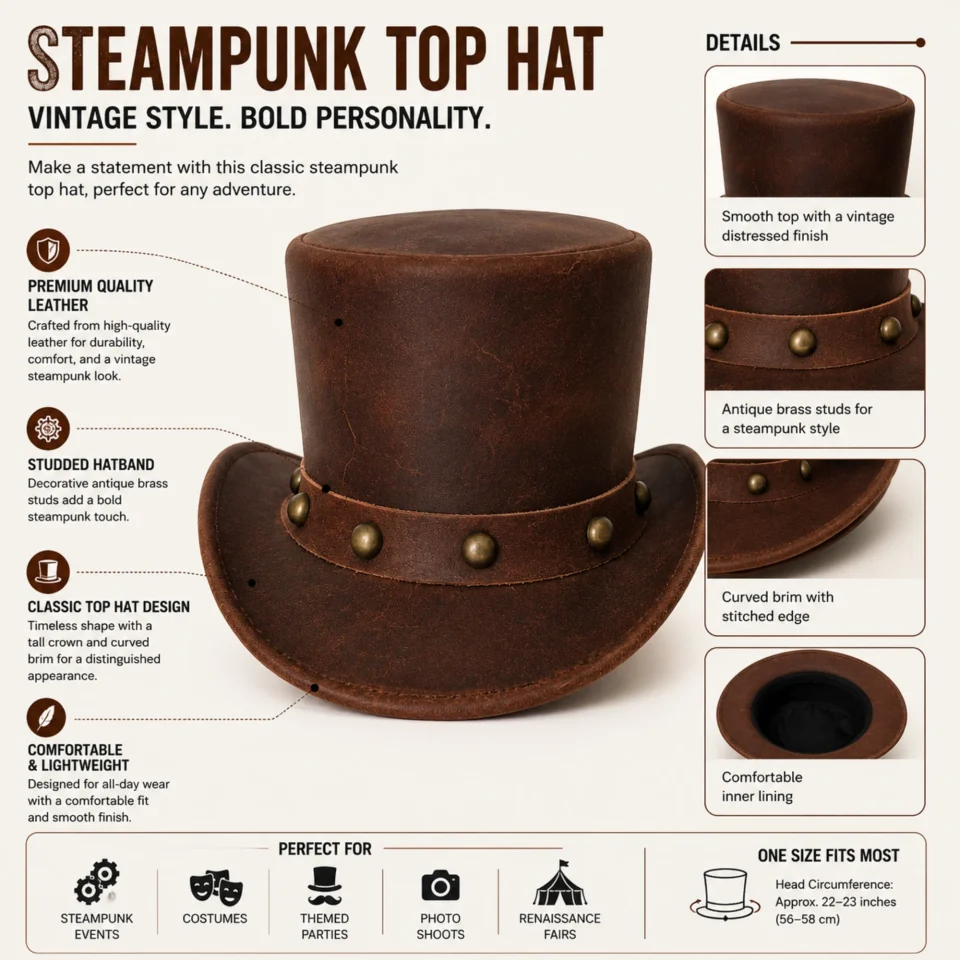 White Handmade Leather Statement Top Hat Style 198 side view - white steampunk top hat with structured crown
