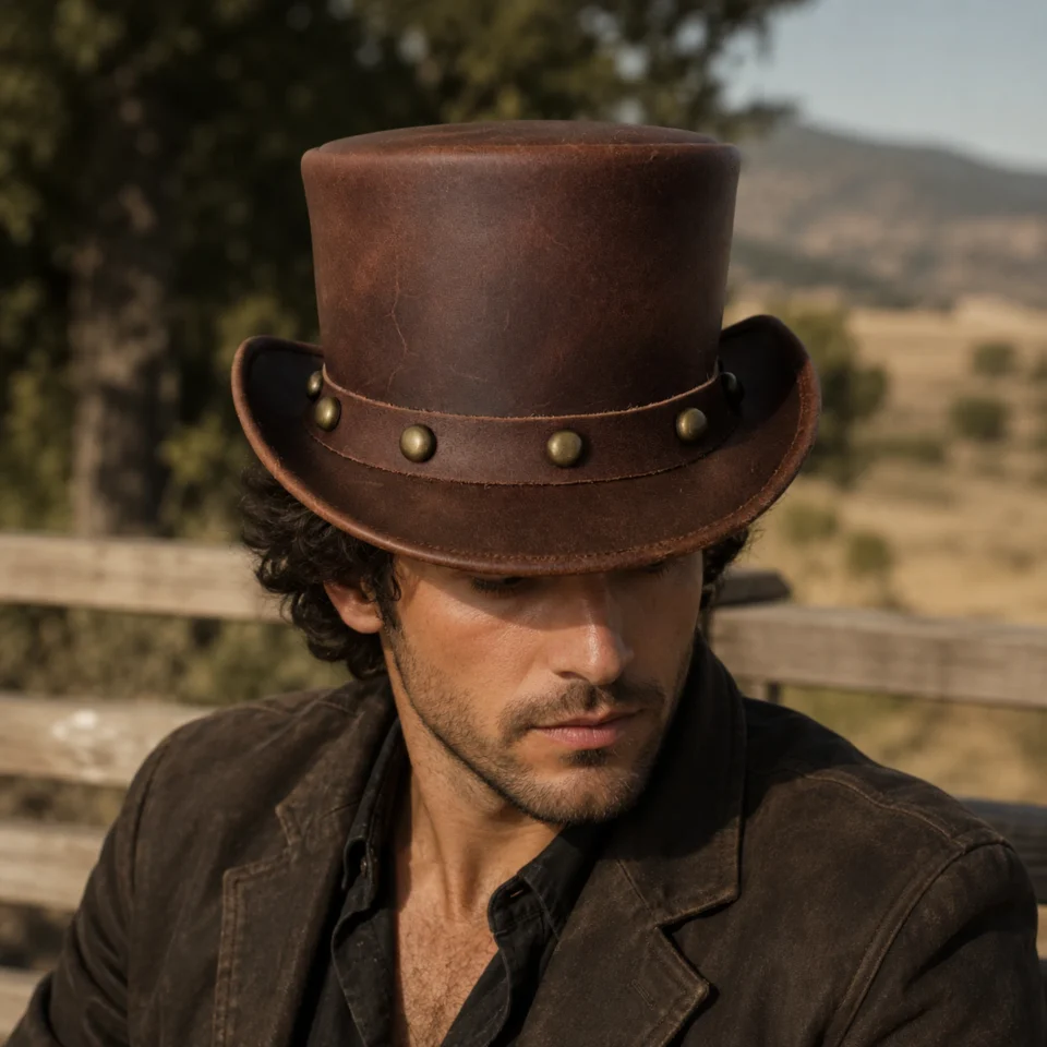 White Handmade Leather Statement Top Hat Style 198 three quarter view - white steampunk top hat with structured crown